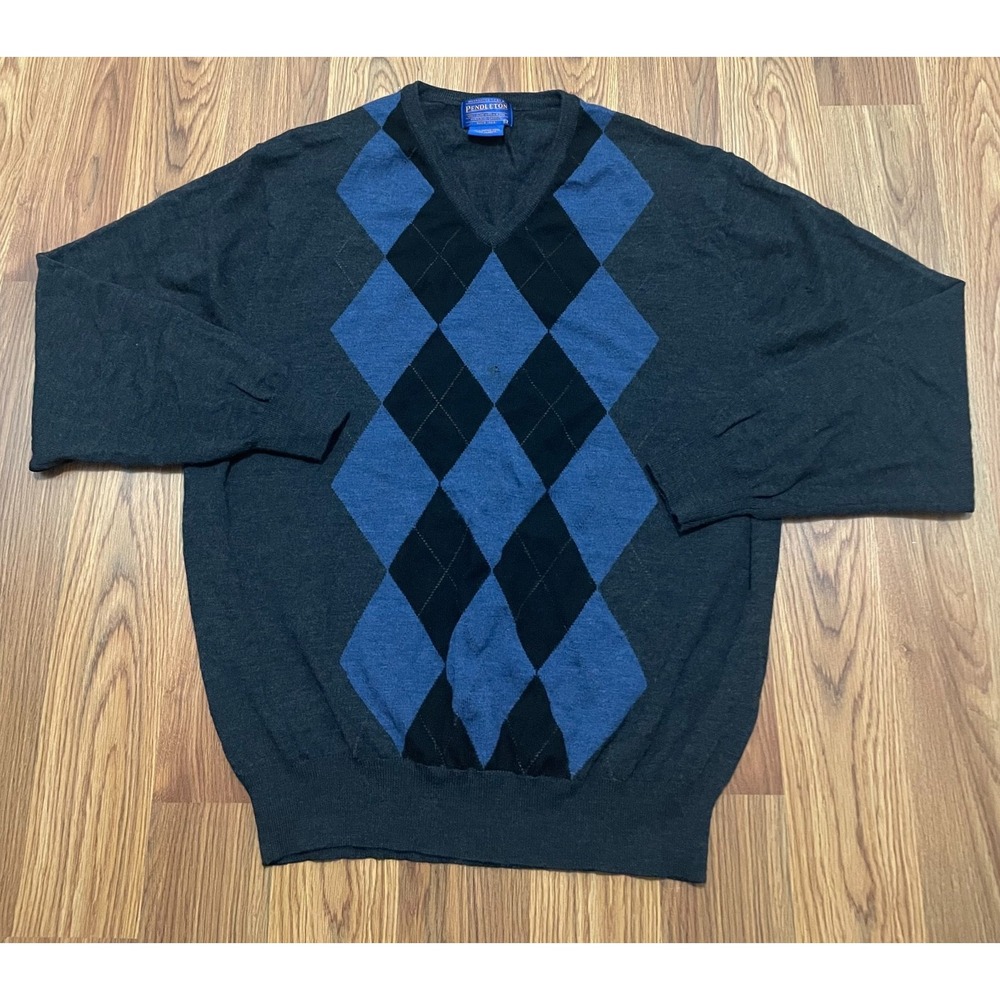 Pendleton Sweater Mens Large Argyle V Neck Merino Wool Knit